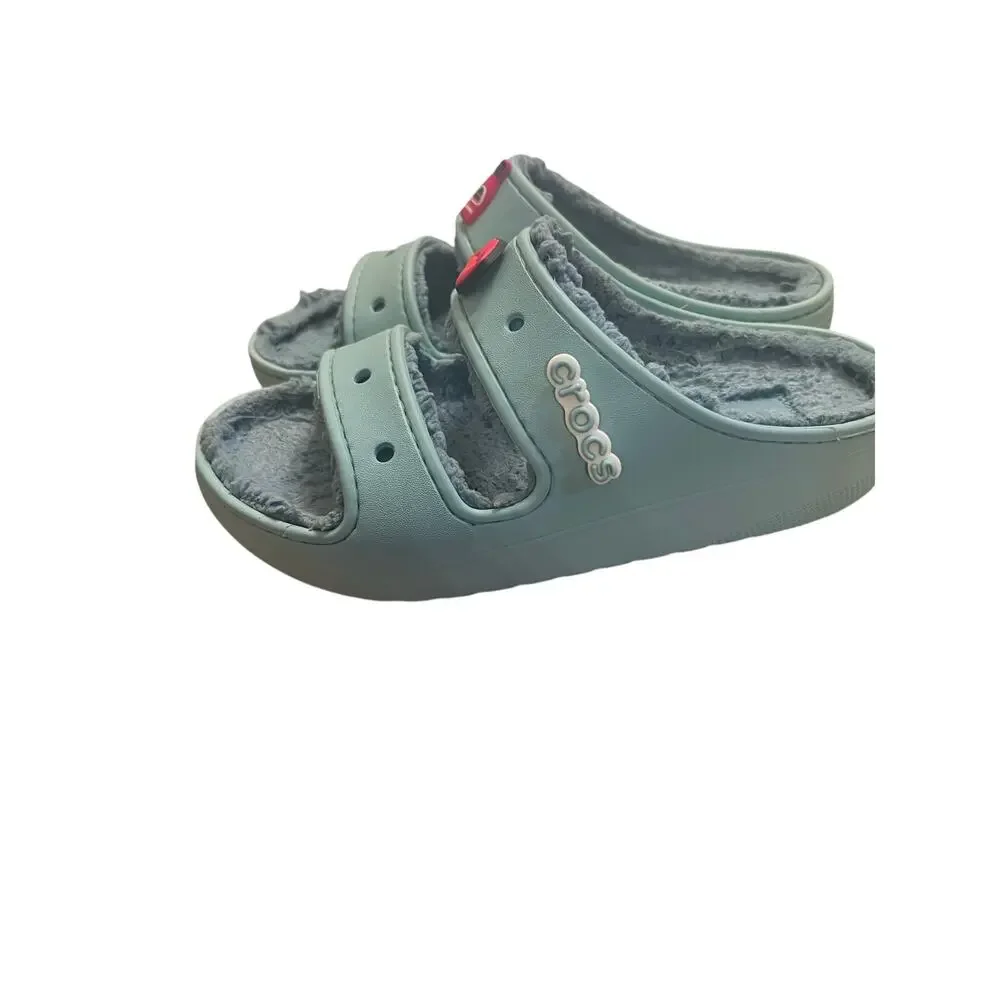 Crocs Woman's 8 Fuzzy Teal Classic Cozzzy Dual Strap Lined Platform Sandals